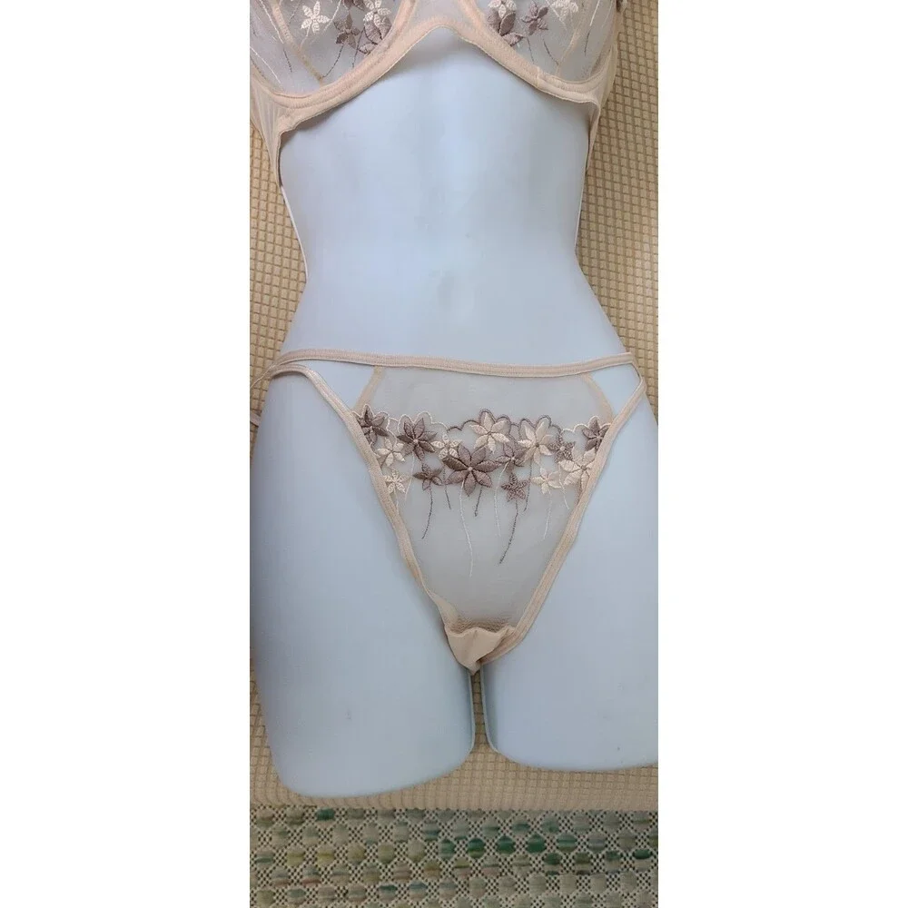 Panache Sheer Full Embroidered Size 34C and size S Thong Made In France New